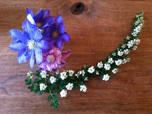 vaseless flower arrangement on a table