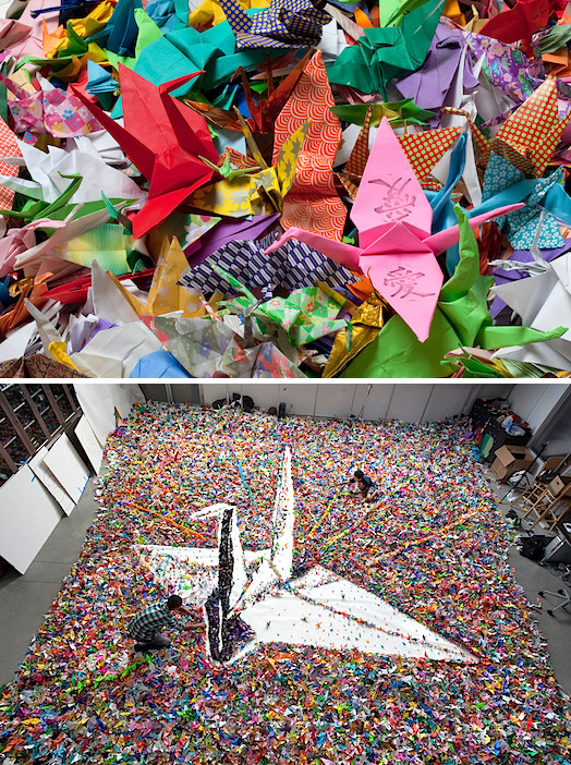giant origami for Japan by vic muniz