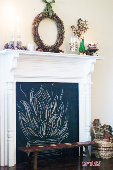 mantle with chalkboard fire