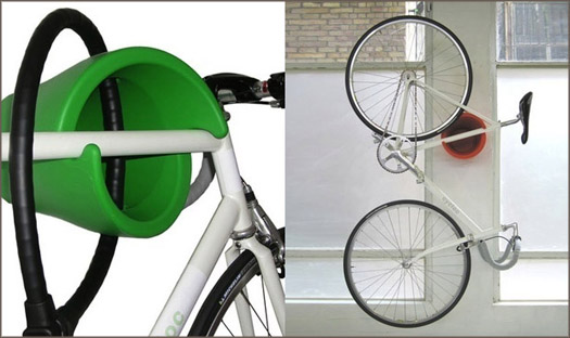 bicycle mounted vertically in wall